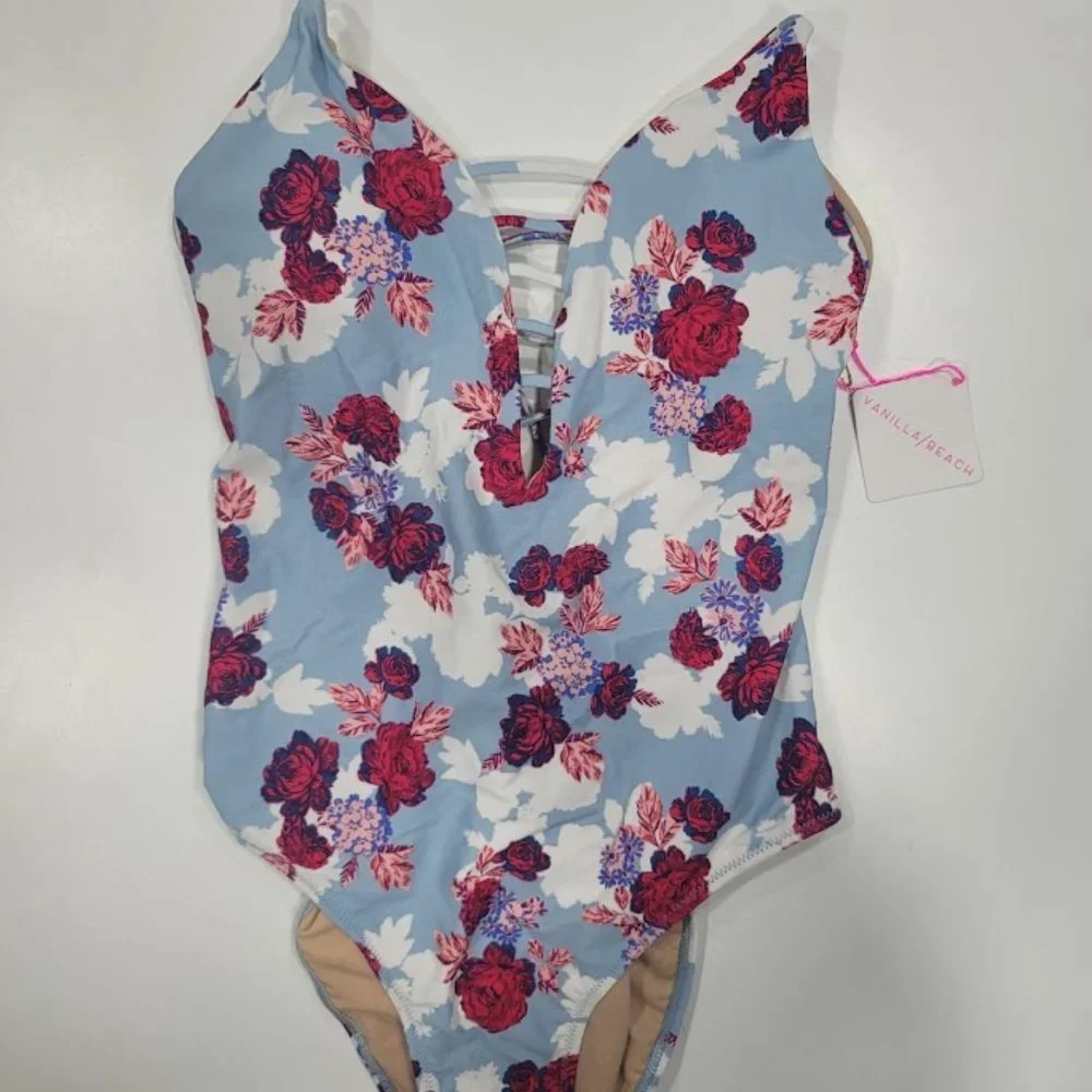Vanilla Beach One Piece Swimsuit Light Blue Floral - Picture 5 of 8